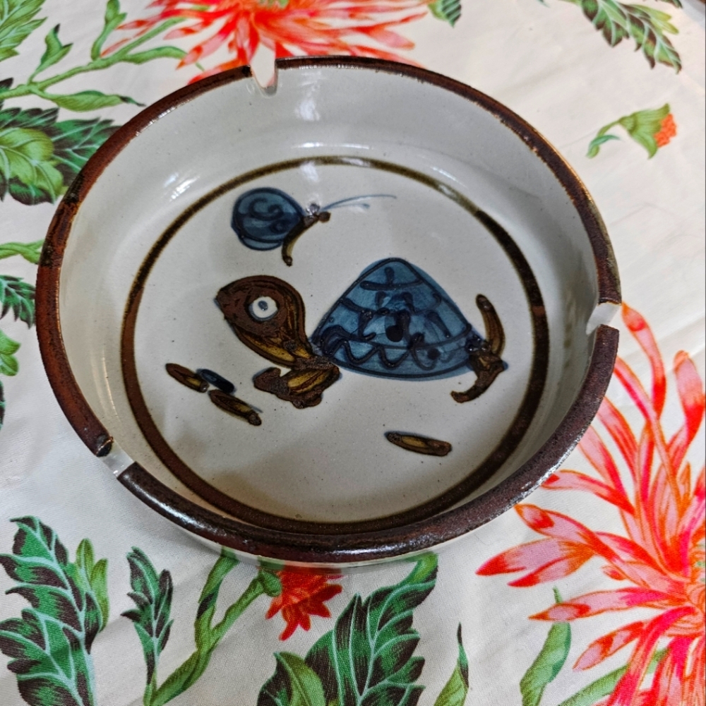 Vintage Otagiri Japan Hand Glazed Stoneware Ashtray Turtle And Butterfly